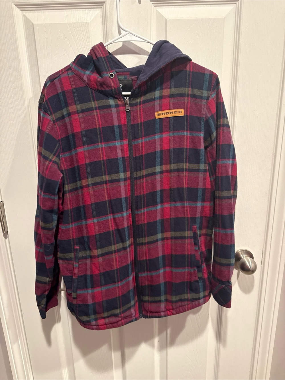 Ford Bronco Plaid Zip-Up Hooded Jacket in pink and Navy